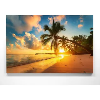 Atemberaubendes Leinwand-Bild Sonnenuntergang am Strand - als 90x60cm großes XXL Wandbild, toll als Hintergrund & Deko für Wohnzimmer & Schlafzimmer. Fertig aufgespannt auf 4cm Holz-Keilrahmen