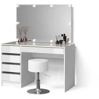 Livinity® Schminktisch Imola, Weiß/Gold/Gold, mit LED Beleuchtung und Hocker (3-St) weiß