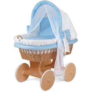 Waldin Baby Stubenwagen-Set mit Ausstattung, XXL, Bollerwagen, komplett, 24 Modelle wählbar, Gestell/Räder lackiert, Stoffe blau/Punkte