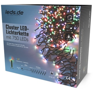 leds.de LED-Cluster Lichterkette bunt, 750 LEDs, 7,5m I Weihnachtsbeleuchtung für außen I Umweltfreundliche Weihnachtsbaum Lichterkette I Büschellichterkette