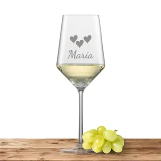Weißweinglas mit Namen oder Wunschtext graviert - Zwiesel Glas Glas Sauvignon PURE Weinglas personalisierts Geschenk (3 Herzen)