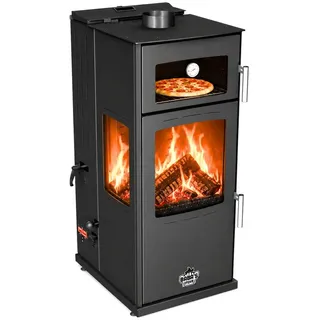 Baba's Kaminofen Gold Plus Hybridofen Pellets und Holz Kombiofen Kaminofen mit Backfach, 12 kW, Dauerbrand, Dauerbrandofen, (3-Scheiben 3 Seitig Verglast Panoramascheibe), Panorama Holzofen Holz Ofen Kamin