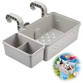 Pool Aufbewahrungskorb zum Einhängen,Getränkehalter und Ablagekorb Set für Aufstellpools und Whirlpools,Grau Ablagetablett