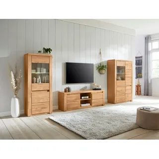 Wohnwand OTTO HOME "BURANO 3-teilig, Lowboard mit Kabeldurchführung, 290cm Breite", braun (eiche teilmassiv), Holzwerkstoff eichefarben (Korpus) / Massivholz Eiche (Front), Holz teilmassiv, Kastenmöbel-Sets, Wohnwand, Fronten aus Massivholz, Korpus aus Melamin, verstellbare Einlegeboden