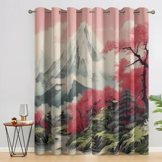Generisch Asiatische Landschaft Vorhänge Blickdicht Gardinen mit Ösen, Orientalisch Japanisch Deko Muster Wohnzimmer Schlafzimmer Fenster Verdunklungsvorhänge, H 137 x B 117 cm 2er Set (U-56)