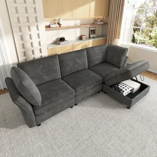 okwish Ecksofa 4-Sitzer mit Hocker und geschwungene Armlehnen, Modulares Wohnzimmersofa mit Stauraum, Kombisofa in Grau - Grau