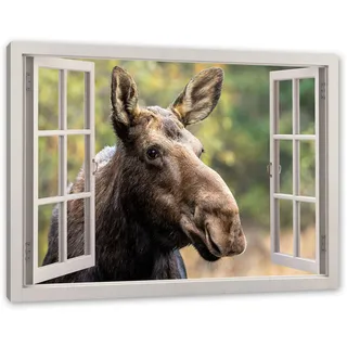 Pixxprint Elch im Wald, Fensterbild, Größe: 80x60cm, Leinwandbild, fertig gespannt, Wandbild, Dekoration, Kunstdruck, kein Poster