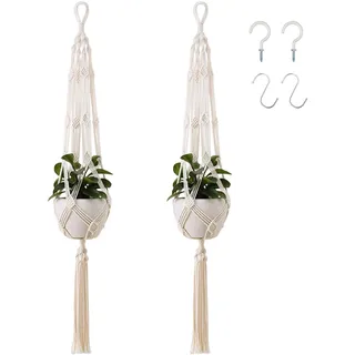 EMSMIL 2er 105cm Makramee Blumenampel Hängeampel Baumwollseil Pflanzenhänger Hängender Blumentopf Beige Blumentopf Pflanzen Halter Blumenhänger für Innen Außen Balkon Wand Boho Deko