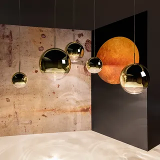 Pendelleuchte Tom Dixon, Mirror Ball, dimmbar, Gold / Messing, für Wohnzimmer, Kunststoff, Design