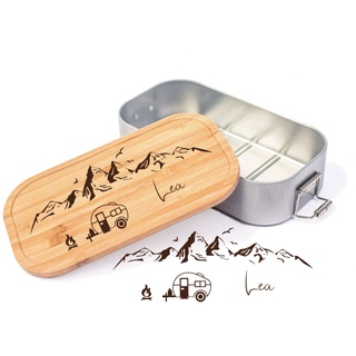Farbwuselei - Personalisierte Brotdose für Kinder und Erwachsene Wohnwagen Berge - Robuste und Individuelle Edelstahl Brotdose mit Namen - Personalisierte Geschenke (großl)