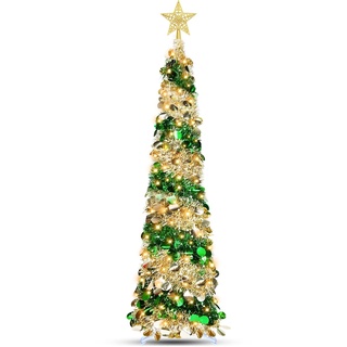 TURNMEON Lametta Prelit Weihnachtsbaum, Pop Up mit Timer, 50 Farben, Sterne, Pailletten, batteriebetrieben, künstlicher Bleistift, Innen- und Außenbereich, Weihnachtsdekoration (Gold)