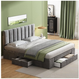 OKWISH Polsterbett Doppelbett Stauraumbett Bett mit Lattenrost (Mit 4 Schubladen (160x200 cm), Bezug aus Samt grau