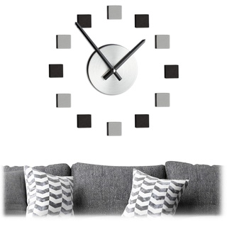 Relaxdays Wanduhr DIY, Uhr Wandtattoo zum Kleben, Größe variabel, modernes Zifferblatt, 3D Wanduhr, silber/schwarz/grau, 1 Stück