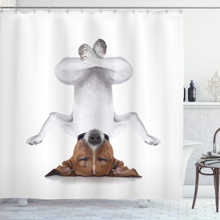 ABAKUHAUS Lustig Duschvorhang, Gedreht Hund Entspannen, Stoffliches Gewebe Badezimmerdekorationsset mit Haken, 175 x 200 cm, Weiß Braun