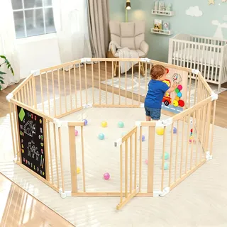 SOFTHOM Laufstall Baby mit Spielzeug, Faltbar Laufgitter Baby aus Holz mit Tür, Verstellbare Größe&Form Playpen, Sicherer&Stabiler Großes Indoor Spielplatz für Babys Kleinkinder(165x165x65cm), Natur