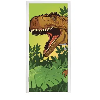 MuchoWow Türtapete Dinosaurier - Pflanzen - Braun - Illustration - Kinder - Baby - Junge, Matt, bedruckt, (1 St), Türfolie Selbstklebend, Türtapete, Türdeko Poster, 95x235 cm bunt 95 m x 235 m