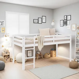Homestyle4u Hochbett 90 x 200 cm Kiefer massiv weiß grau