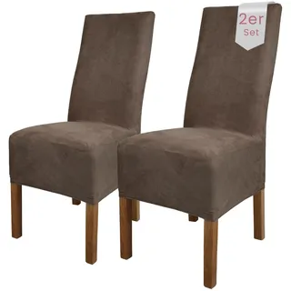 Scheffler Home Stuhlhussen Taupe-Braun Velours 2er Set Leon – Waschbare elastische Stuhlbezüge für Esszimmerstühle, Hochlehner und Polsterstühle – Stretch Husse, Oeko-TEX Zertifiziert