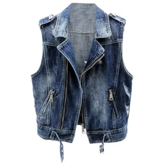 Ärmellose Damen-Jeansweste Mit Revers Und Knöpfen – Jeanswesten, Damen-Reißverschlüsse, Vintage-Frühlings-All-Match-Jeansweste, Blau, 5Xl - 5XL