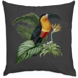 Fabulous Kissen aus schwarzem Samt – Ara tropischer exotischer Vogel Dschungel Tukan Papagei – 40 x 40 cm – samtige Haptik – Bezug und Kissen inklusive