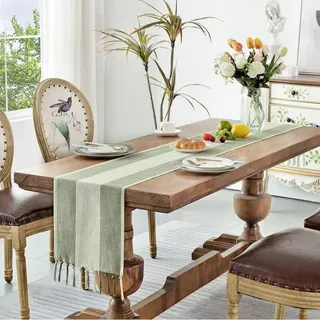 180 Cm Langer Tischläufer Aus Makramee-baumwolle Und Leinen Mit Handgefertigten Quasten, Tischläufer Im Landhausstil Für Cafés, Partys Und Den Täglichen Gebrauch (salbeigrün, 180 Cm)
