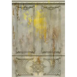 Casa Padrino Luxus Barock Vliestapete Antik Grau / Gelb / Braun - Barockstil Wohnzimmer Tapete mit elegantem Stuck Muster - Wanddeko im Barockstil - Barock Tapeten - Tapeten im Barockstil