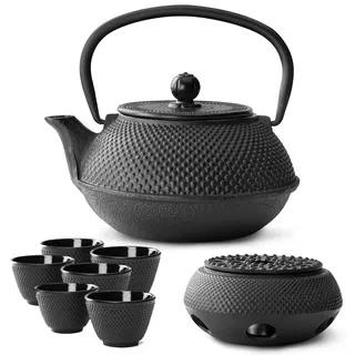 Bredemeijer Teekanne asiatisch Gusseisen Set schwarz 0.8 Liter mit Henkel & Edelstahl Tee-Filter Sieb-Einsatz für losen Tee & Stövchen & Teebecher (6 Tassen)