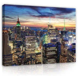 Wallarena Leinwandbild New York Bei Nacht Stadt Panorama Wandbild XXL Leinwandbilder Modern, New York (Einteilig), Aufhängefertig 120 cm x 80 cm