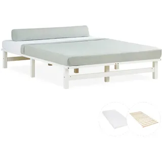 Homestyle4u Holzbett Weiß Holz, Kiefer, 140x200 mit Matratze Lattenrost Bett Bettgestell Massivholzbett Palettenbett