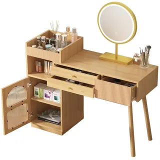 SeedWave Schminktisch mit Rundspiegel, verstellbare LED-Beleuchtung, 3 Schubladen & Schrank mit Rillenglastür, Vintage-Design