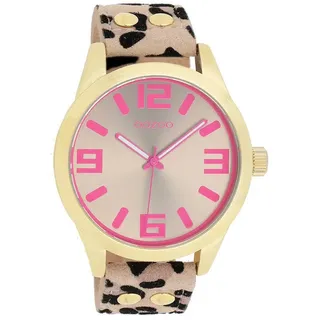 OOZOO Quarzuhr XXL Damenuhr IP-Gold Taupe Pink Animalprint Lederband 46 mm C1099, mit trendigem Design und Lederarmband