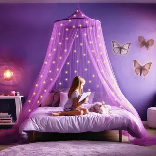 Lila Betthimmel für Mädchen mit Leuchtsternen | Prinzessinnen Moskitonetz | Baldachin für Kinderzimmer | Himmelbett Vorhänge für Kinder & Kinderbett