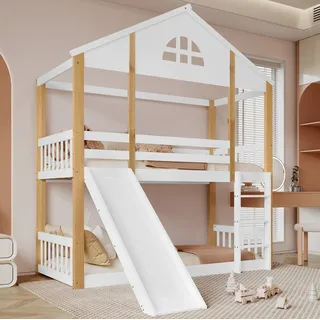 Etagenbett Aus Massivholz Und Mdf Weiß/natur 90x200 Cm Mit Rutsche, Treppe Und Hausbett-design