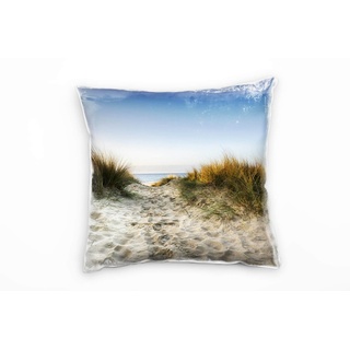 Paul Sinus Art Strand und Meer, beige, blau, grün, Sanddünen, Gras Deko Kissen 40x40cm für Couch Sofa Lounge Zierkissen - Dekoration zum Wohlfühlen