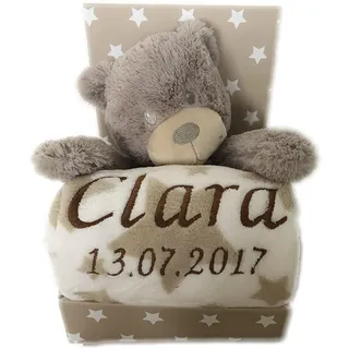 KIDDI-MEDIA Babydecke mit Name & Geburtsdatum Bestickt inkl. Plüsch Stofftier - Geschenk Taufe Geburt/CE-Zertifizierung (Beige/Weiss - TEDDYBÄR)