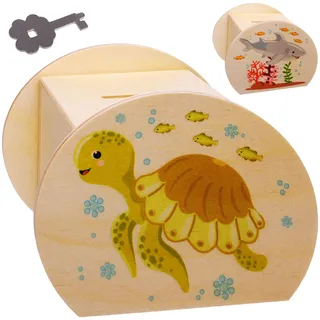 alles-meine.de GmbH Holz - Sparbüchse - Schildkröte & Fische/Hai - Schlüssel & Schloß - groß - 11,5 cm - stabile Spardose - Sparschwein - abschließbar personalisiert - für Kind..