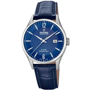Festina Swiss Made Armbanduhr, Leder Blau - Quarz Datum - Saphirglas, Wasserdicht 10 ATM Elegant - F20007/6 Classic Leather