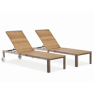 ALEOS. Doppelpack Designer Sonnenliegen Edelstahl A-Grade Teak Holz, Räder