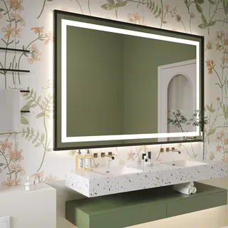 Dripex LED Badspiegel 120 x 80 cm, Badezimmerspiegel mit Beleuchtung, mattschwarzer Aluminiumrahmen, Front- und Hintergrundlicht, 3 Lichtfarben, dimmbar, Antibeschlagfunktion, Memory-Funktion