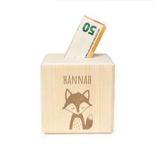 Personalisierte Kinder Spardose mit Namen aus Holz Geschenk Geschenkideen zum Geburtstag zur Einschulung, Taufe, Geburt Gravur MotivSparschwein für Jungen und Mädchen hellomini (Fuchs)