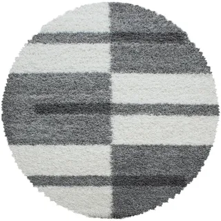 Carpetsale24 Hochflor Teppich Rund 80 cm Hellgrau – Weicher Shaggy Flokati im karierten Design – Kleiner Bodenteppich für Flur