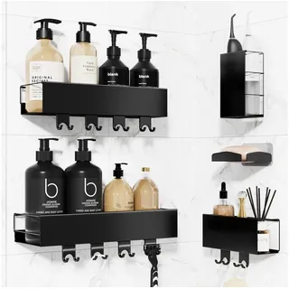 Elegear Duschablage 5er Set duschablage ohne bohren duschregal shampoo halter bad badregal, Set 10-tlg., dusche organizer für küche mit Seifenschale und Zahnbürstenhalter schwarz