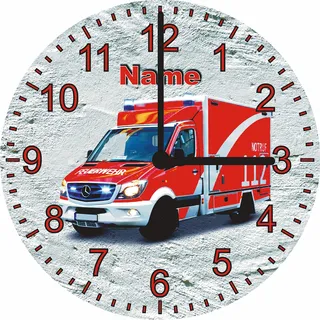Print Equipment (17.14) Glasuhr Wanduhr - Feuerwehr Rettungswagen Krankenwagen 112 - gern mit Namen