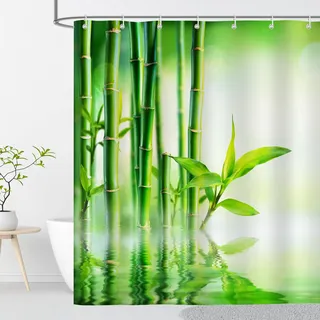 OCEUMACO Duschvorhang 180x200 Anti Schimmel Wasserdicht Textil Shower Curtains A2 Grün Bambus Zen Motiv Duschvorhänge Badewanne Lang Waschbar Stoff aus Polyester Bad Vorhang mit Haken