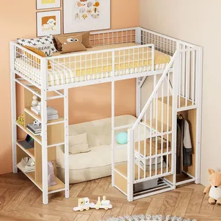 Sweiko Multifunktionales Hochbett 90 x 200 cm, Metallbett mit Stauraum, Ablageflächen und Treppe, Erwachsenenbett und Kinderbett, Weiß - Weiß