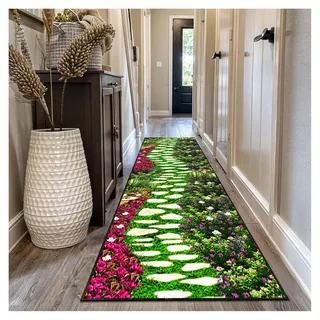 Siunwdiy Teppich Läufer Flur Lang 80 x 200 cm rutschfest Waschbar– 3D Naturdesign Stein & Moos – Küchenteppich, Flurläufer für Korridor, Schlafzimmer, Wohnzimmer – Moderner Look,Anpassbar Meterware