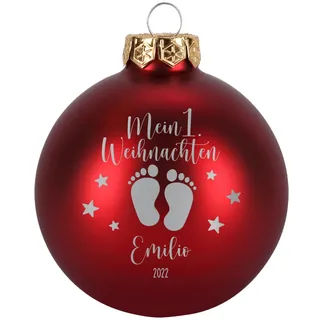 Herz & Heim® Weihnachtskugel aus Glas mit persönlicher Gravur/Rot oder Weiß/Matt oder Hochglanz/Ø 8 oder 10 cm/Verschiedene Motive Ø 10 cm, Rot Matt, Mein erstes Weihnachten
