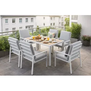 MeXo Gartenlounge-Set Lounge Gartenmöbelset Aluminium Wetterfest, (Garten Essgruppe für 6 Personen, 7-tlg., 6 Sessel, Esstisch 140x80x70 cm), 85 cm Rückenlehne, hoher Sitzkomfort weiß
