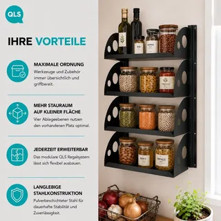 QLS Wandregal Set mit 4 Regalböden 60x25 cm aus Stahl für Garage Keller 11497 - Schwarz