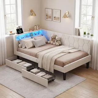 Polsterbett Schlafsofa 140x200 mit 2 Schubladen,Jugendbett 140x200 mit LED-Beleuchtung, Tagesbett mit Steckdosen,Gästebett Einzelbett Bettgestell mit Lattenrost aus Holz,Samt,Ohne Matratze
